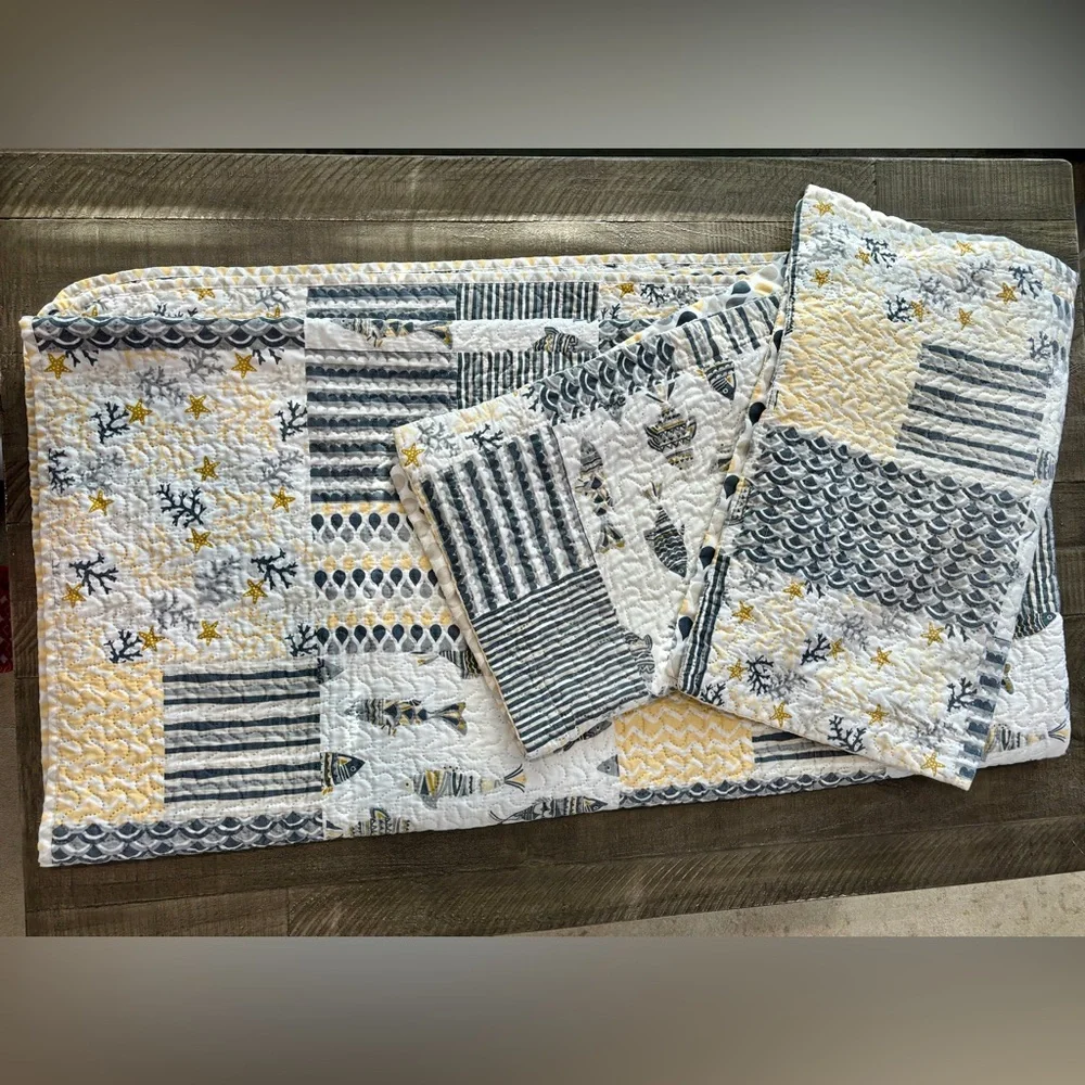 Quilted Patchwork Bedding Set Full Queen Yellow Gray Coastal 3 Piece